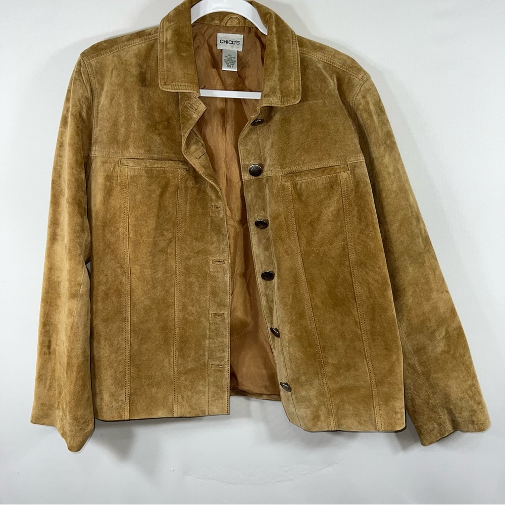 Chico’s Tan Suede Leather Button Down Jacket size 8 Med